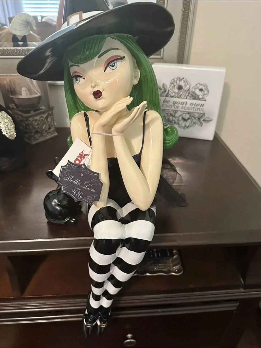 Bella Luxx Green-Haired Witch Figurine with Black & White Stripes